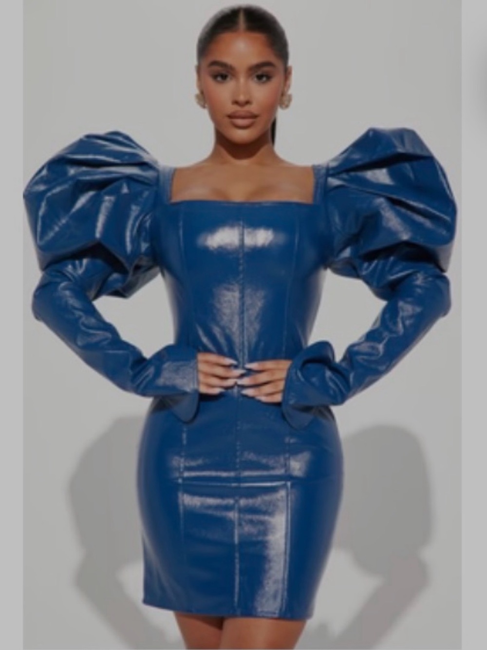 Fashion Nova Blue Puff-Sleeve Faux Leather Mini Dress-NEVER WORN